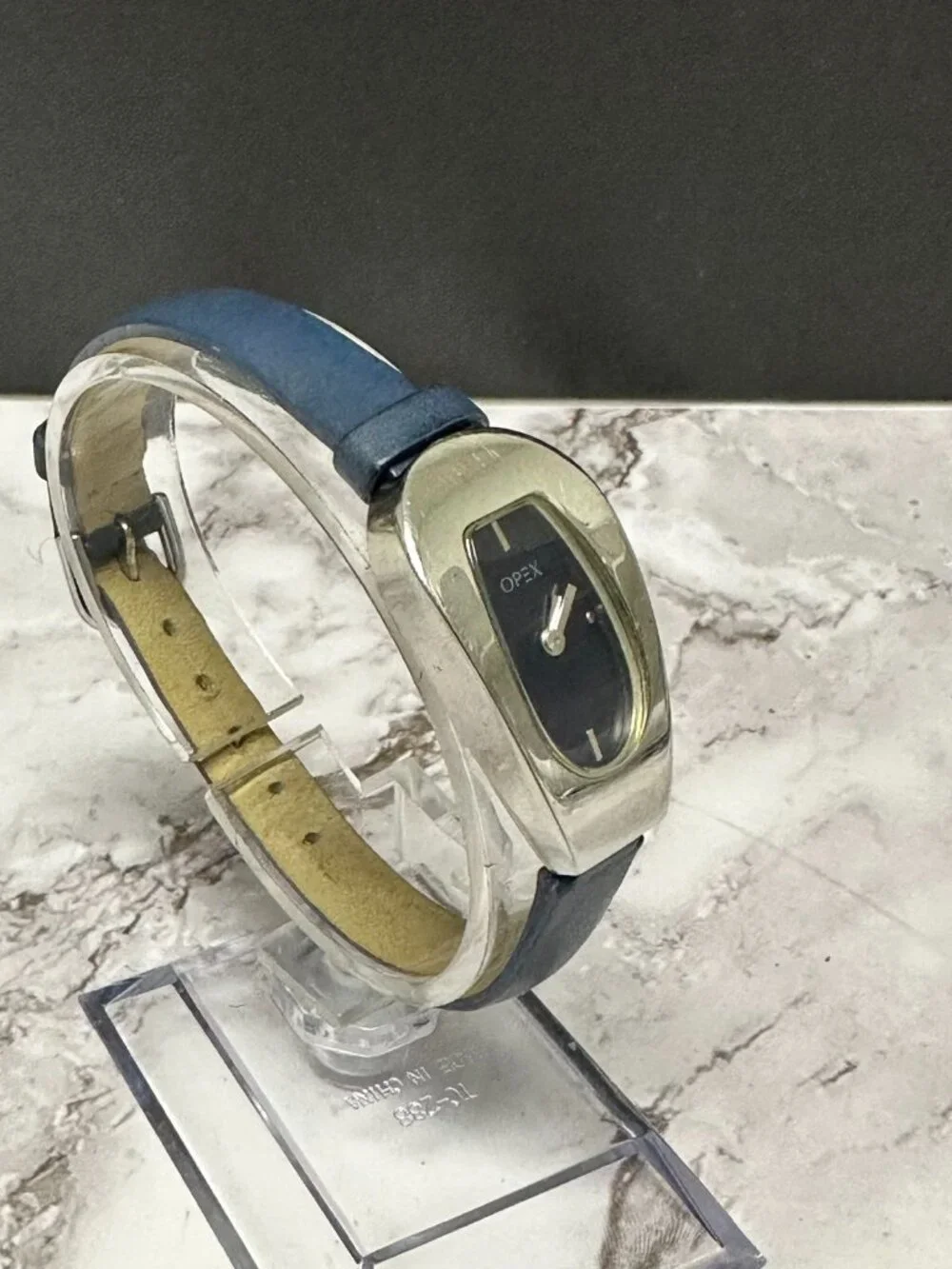 Opex Watch Women Silver Tone Blue Dial Skinny Leather Band New Battery 8 Inch